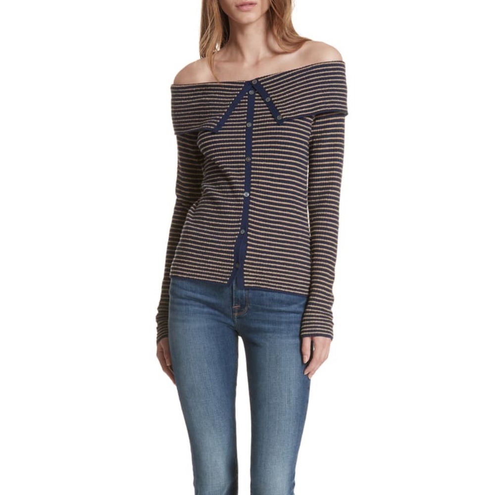 FRAME Striped Off-The-Shoulder Sweater, sz S